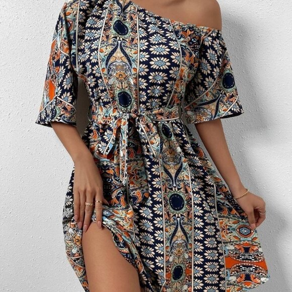 allover Print Asymmetrical Neck Belted Dress - Picture 4 of 5